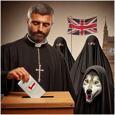 Priest voting with women in niqabs and a dog; UK flag and Big Ben in background. Sectarian voting concept.