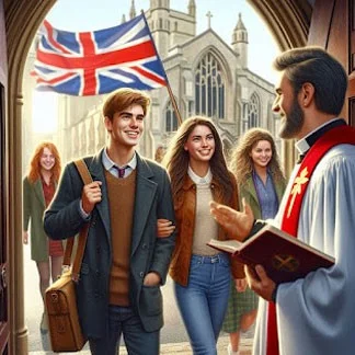 Churchgoers leaving a UK church under a Union Jack flag, greeted by a priest.