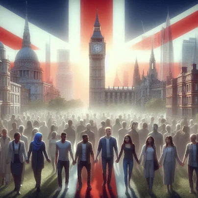Diverse group holding hands in front of London landmarks and a Union Jack, symbolizing unity.
