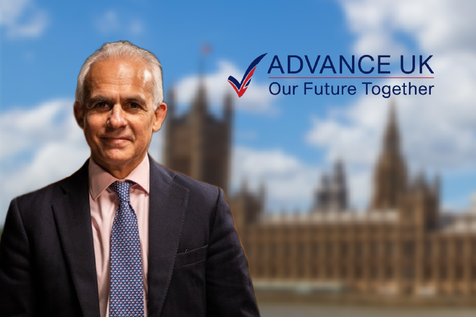 Ben Habib Advance Party UK. Political campaign with iconic backdrop.