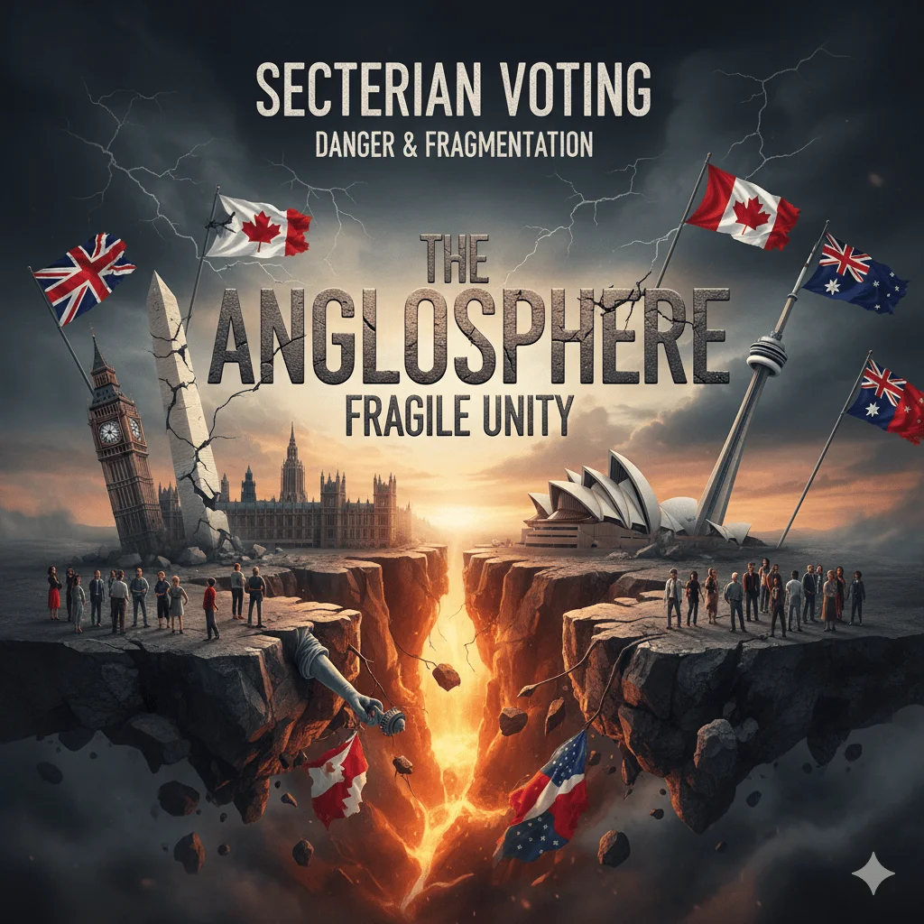 Sectarian Voting: The Anglosphere's fragile unity threatened by a chasm separating nations. Danger & Fragmentation depicted.