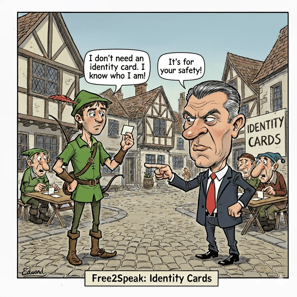 Cartoon of Robin Hood refusing an identity card, saying "I know who I am!