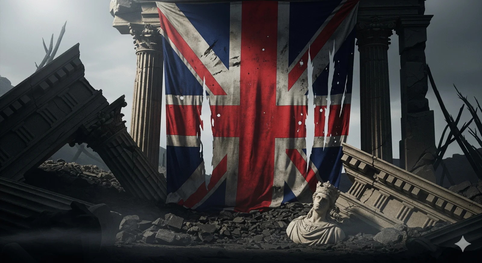 Torn Union Jack draped over ruins and a broken statue, suggesting decline.