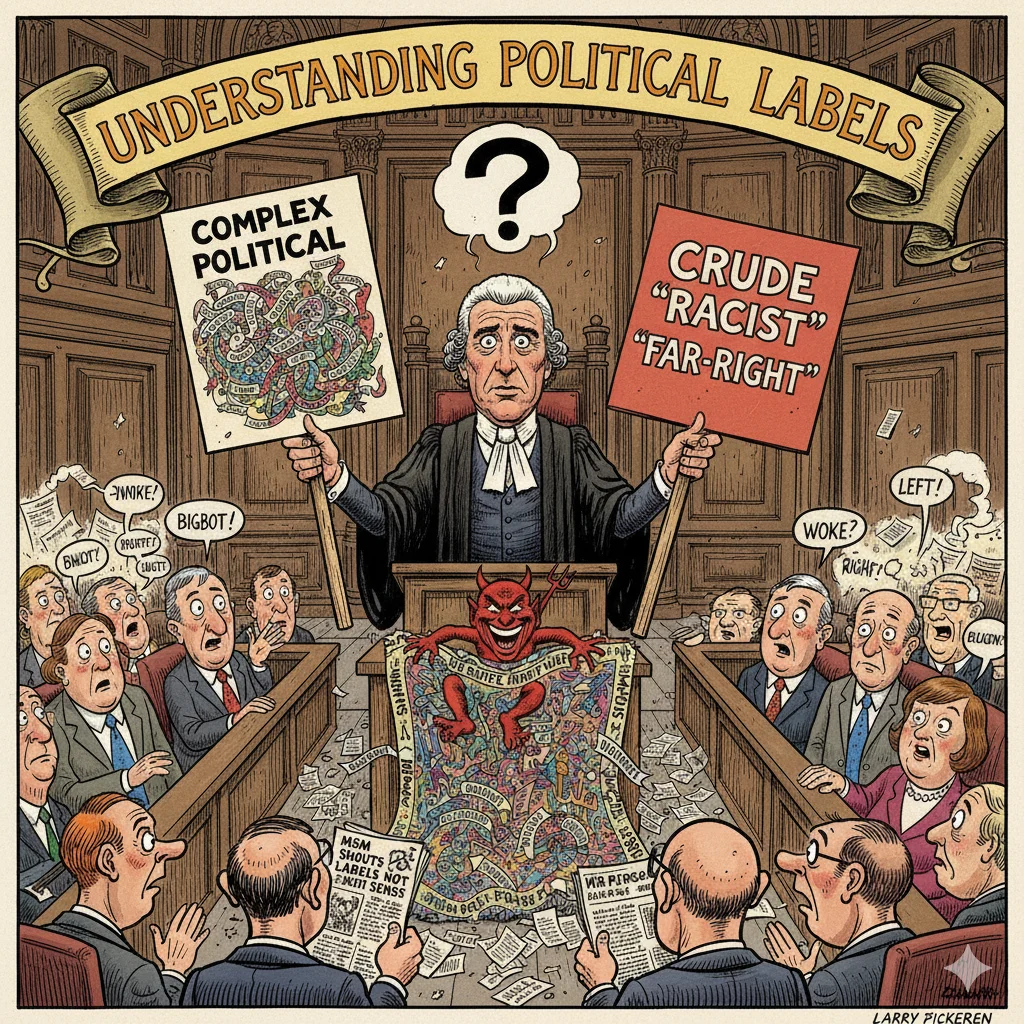 Cartoon depicting "Understanding Political Labels," with complex vs. crude far-right labels, relevant to the blog title.