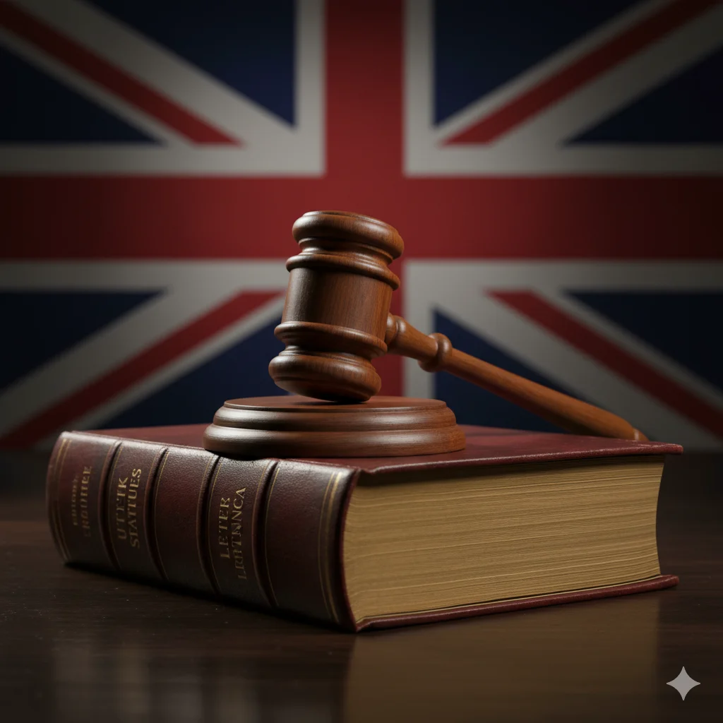 Gavel resting on British law book with Union Jack. Title: British Sovereignty and Law. Caption: The principle of British parliamentary sovereignty and one rule of law. Description: Legal imagery representing the primacy of British law within the United Kingdom.