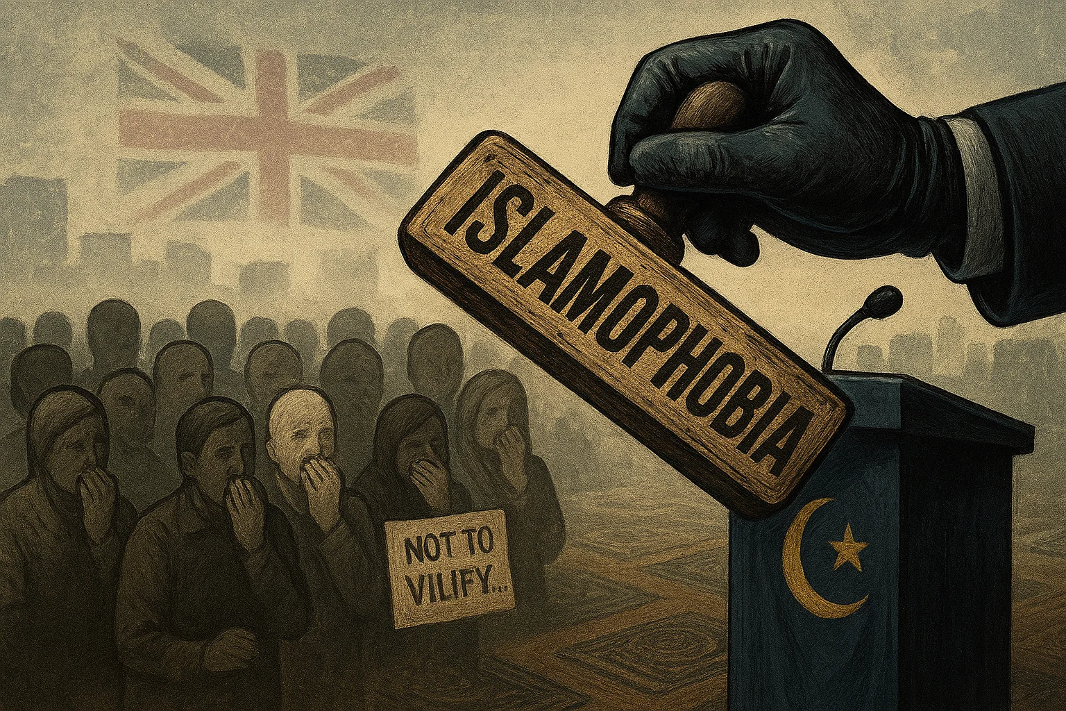 Symbolic image of the term “Islamophobia” being stamped onto a silenced host population by institutional forces.