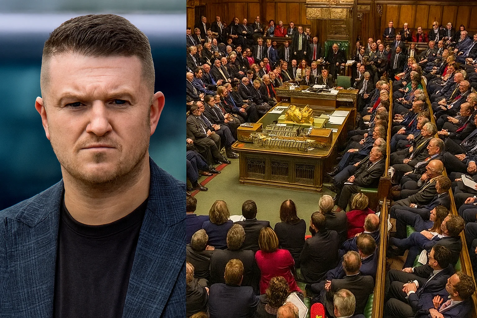 A split image showing Robinson’s portrait beside a packed House of Commons, contrasting lone dissent with institutional inertia.