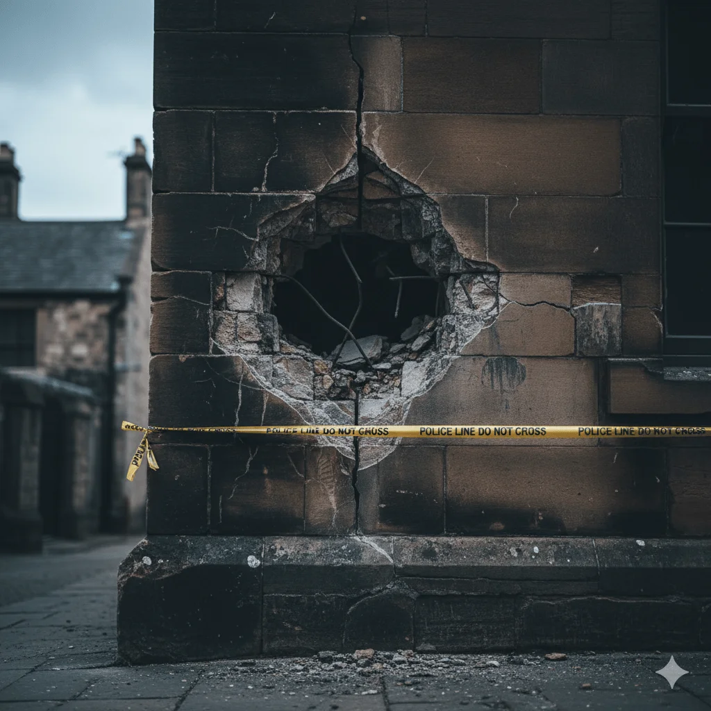 Close-up of a damaged synagogue wall with police tape and forensic markers visible.