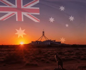 Sunset over Australian landscape with Parliament silhouette.