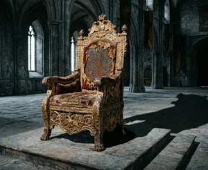A decaying imperial throne revealing rust.